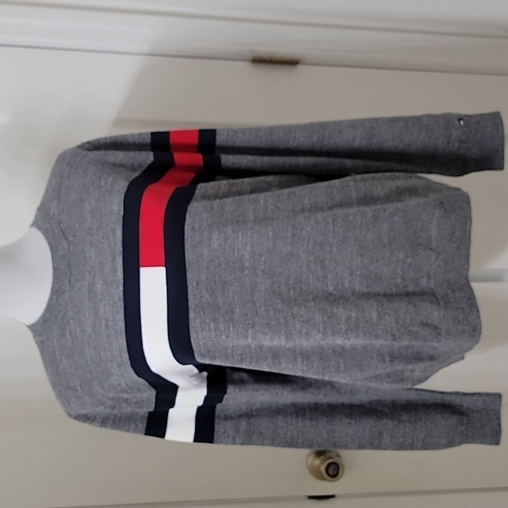 Tommy Hilfiger Size M Crew Neck Gray Sweater with Signature Colorblock, EUC